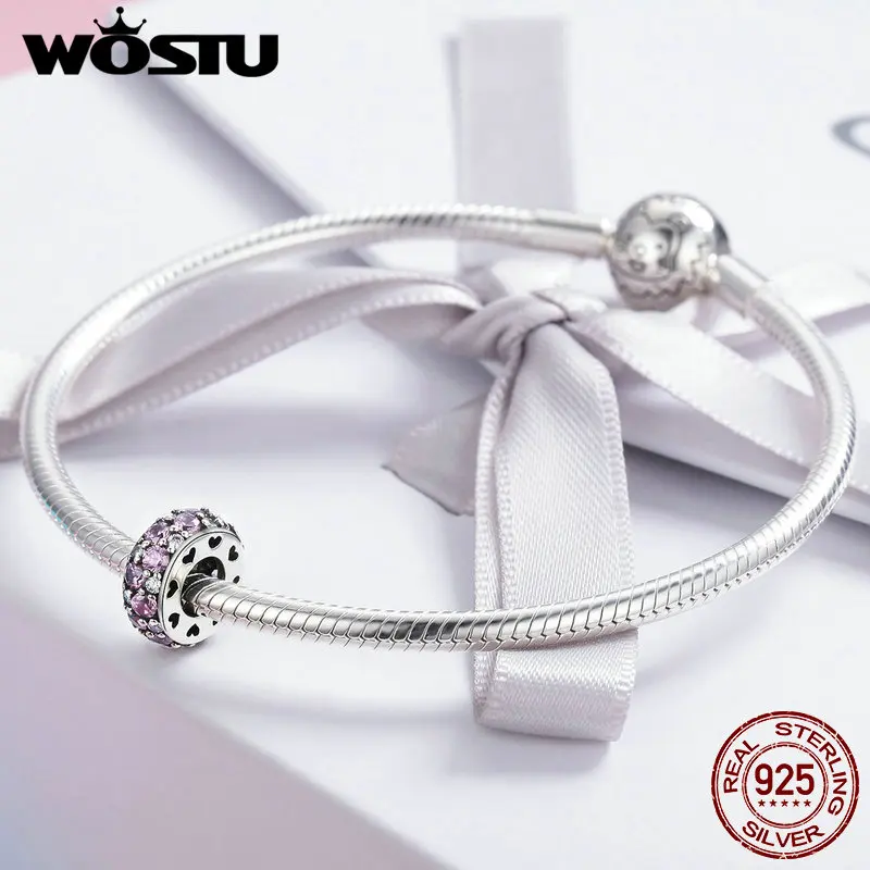 WOSTU Hot Sale 100% 925 Sterling Silver Sparkling Pink CZ Spacer Charm fit Bead Bracelet S925 Silver DIY Jewelry Gift FIC635