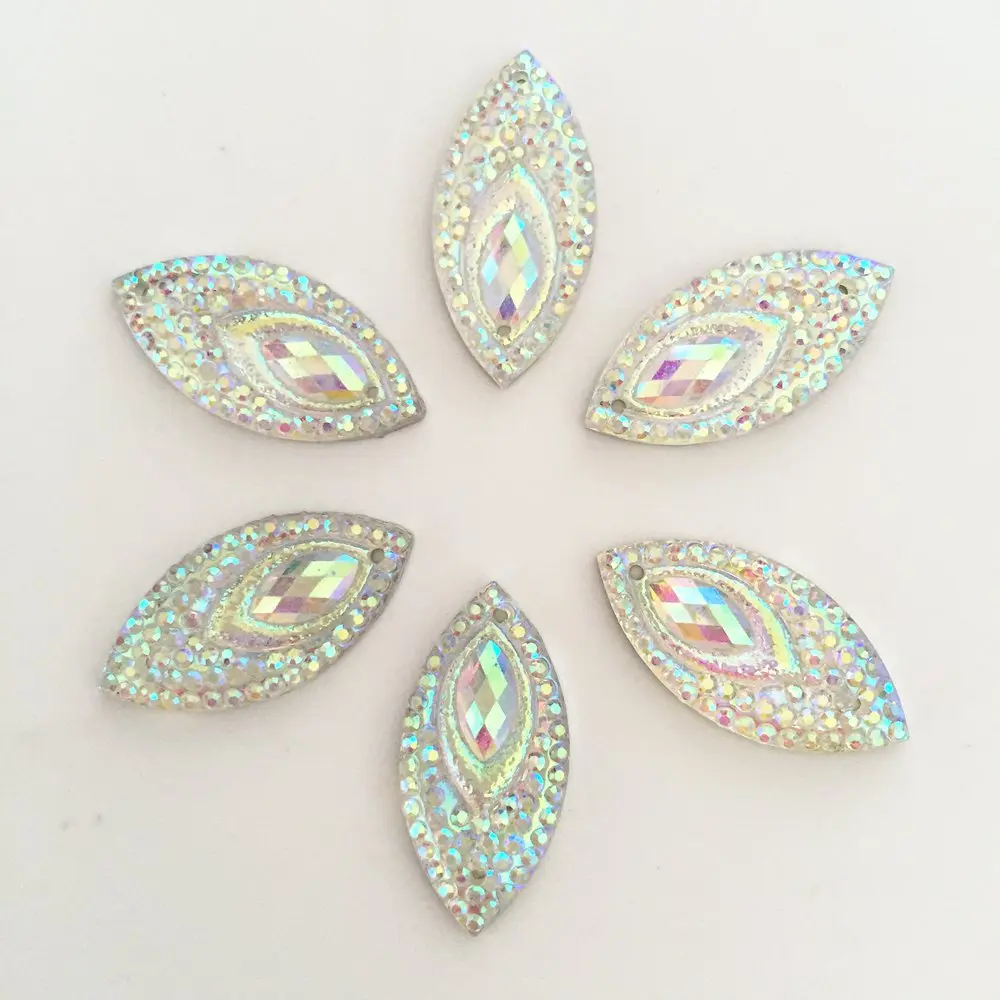 40PCS AB Resin 11*22mm Horse eye Flatback Peacock Rhinestone Ornaments DIY Wedding appliques 2 hole buttons SD34*2