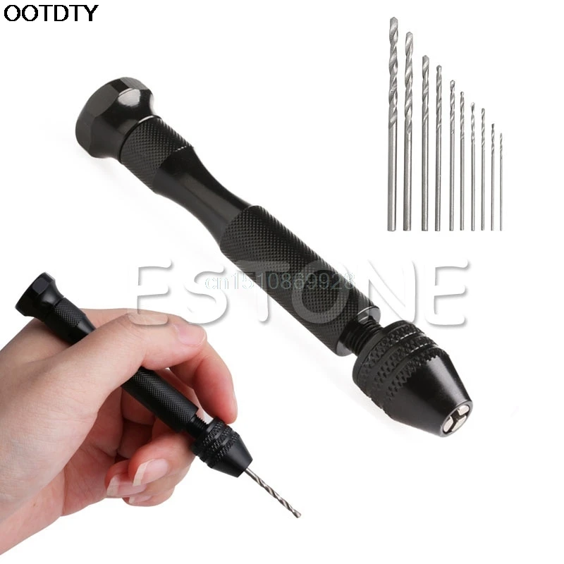 Hot Micro Aluminum Hand Drill Keyless Chuck + 10pcs Twist Drills Rotary Tools