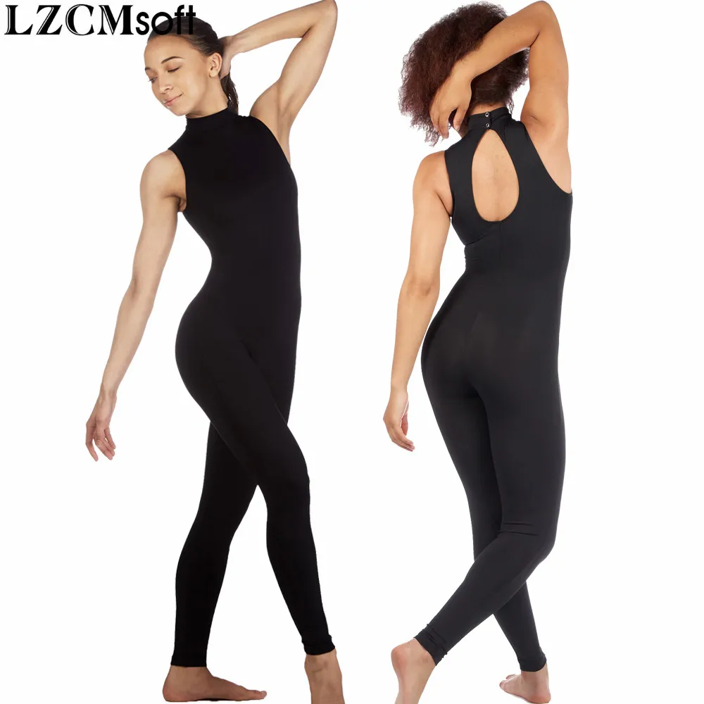 LZCMsoft Black Women's Sexy Sleeveless Unitards Keyhole Spandex Turtleneck Tank Dancewear Adults Team Performance Catsuits