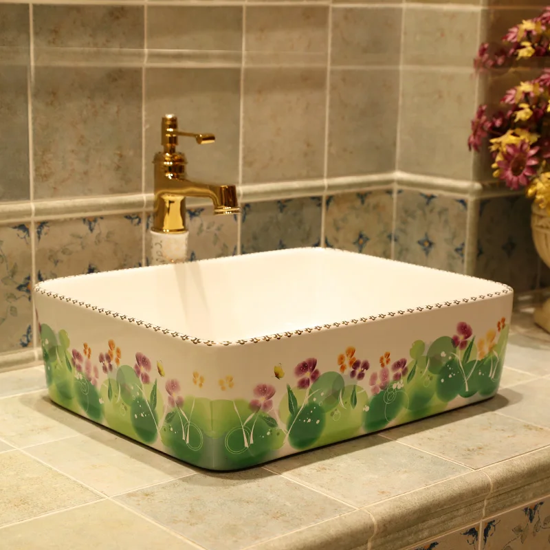 

Rectangular Jingdezhen ceramic sanitary ware art counter basin wash basin lavabo sink Bathroom sinks chinese ceramic art sinks