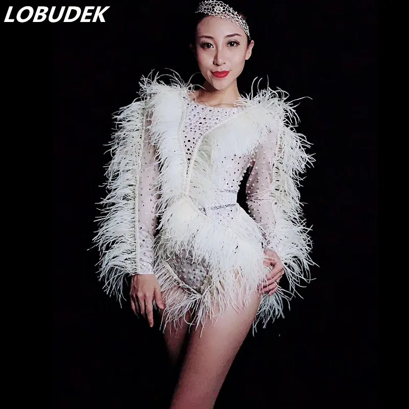 Crystal Pearl Feather Bodysuit Women Singer Party Show Bar Rhinestones Leotard Dance Costume Nightclub Performance Stage Wear