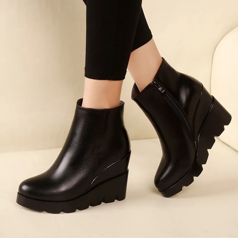 2024 autumn winter soft leather platform high heels girl wedges ankle boots shoes for woman fashion boots women Size 34-40