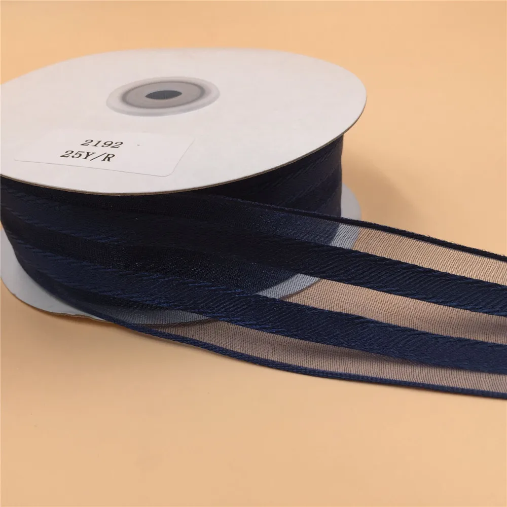 38mm X 25yards Navy Blue Striped Organza Satin Ribbon for Gift Box Wrapping Wired Edged Ribbon   N2192