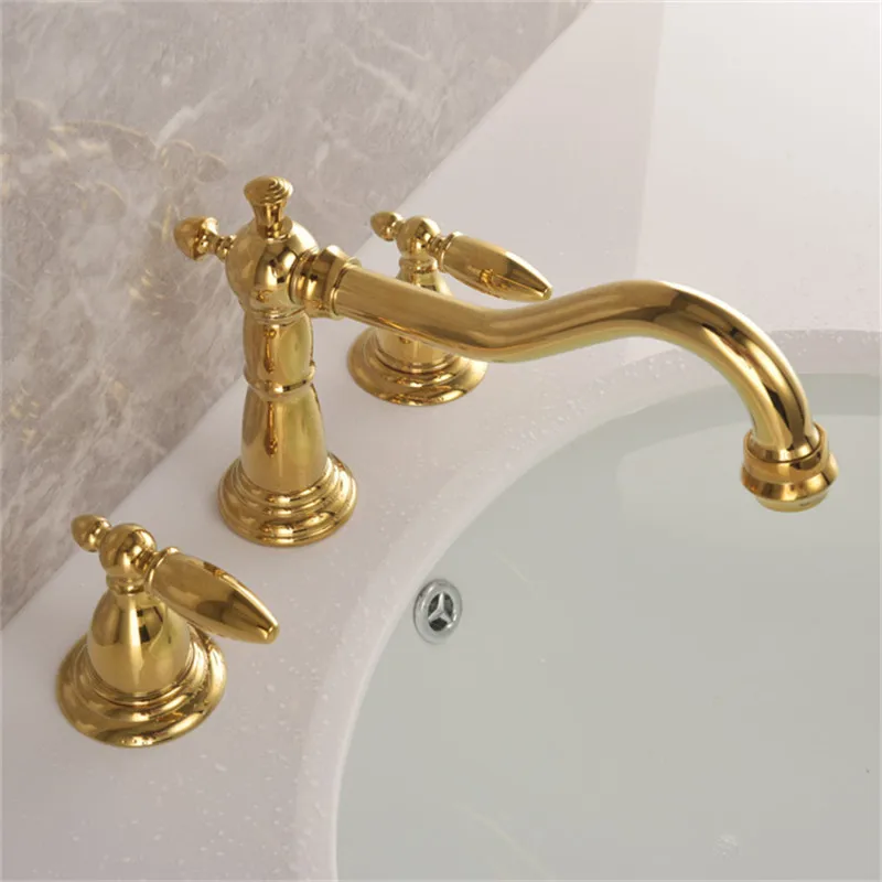 

Bathroom Basin Faucets Gold Brass Sink Mixer Tap Widespread Hot & Cold Dual Handle Three-hole Deck Mounted Lavatory Crane Vessel