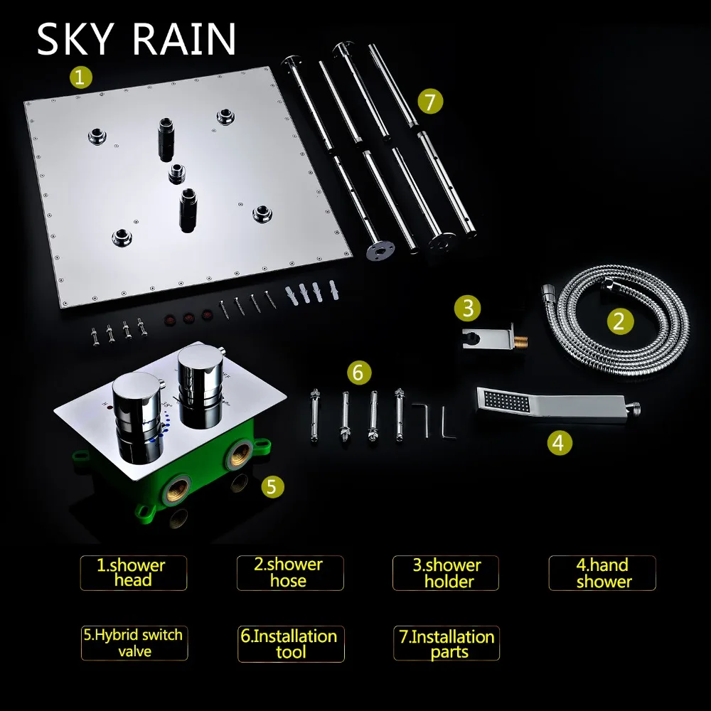 SKY RAIN Bathroom Ceiling Concealed 500x500mm Square Rainfall Mist Spray Shower Head Faucet Mixer System Set