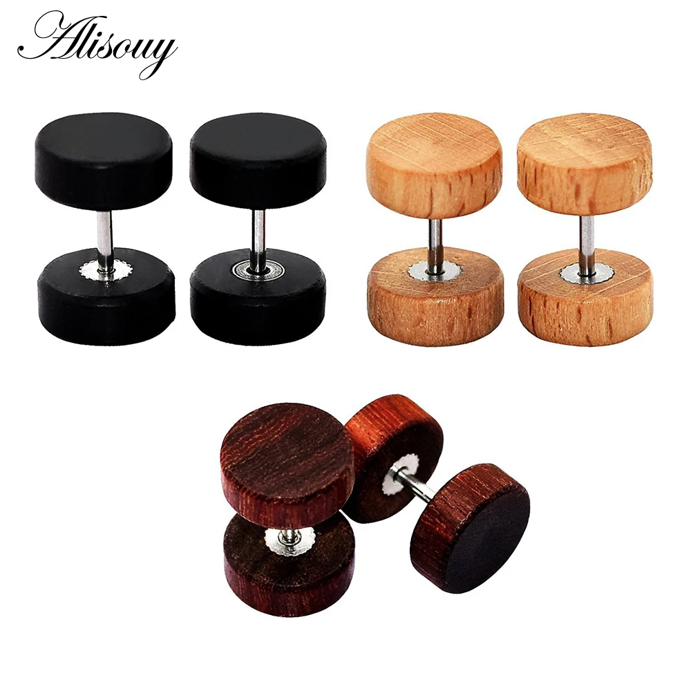 Alisouy 2PC Fashion Wooden Ear Studs Earrings Natural Brown Black 8 10 12mm Punk Barbell Fake Ear Plugs Brincos For Men Women