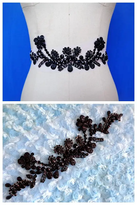 Handmade black crystal patches trim sew on Rhinestones applique with stones sequins beads 30*7cm for top dress