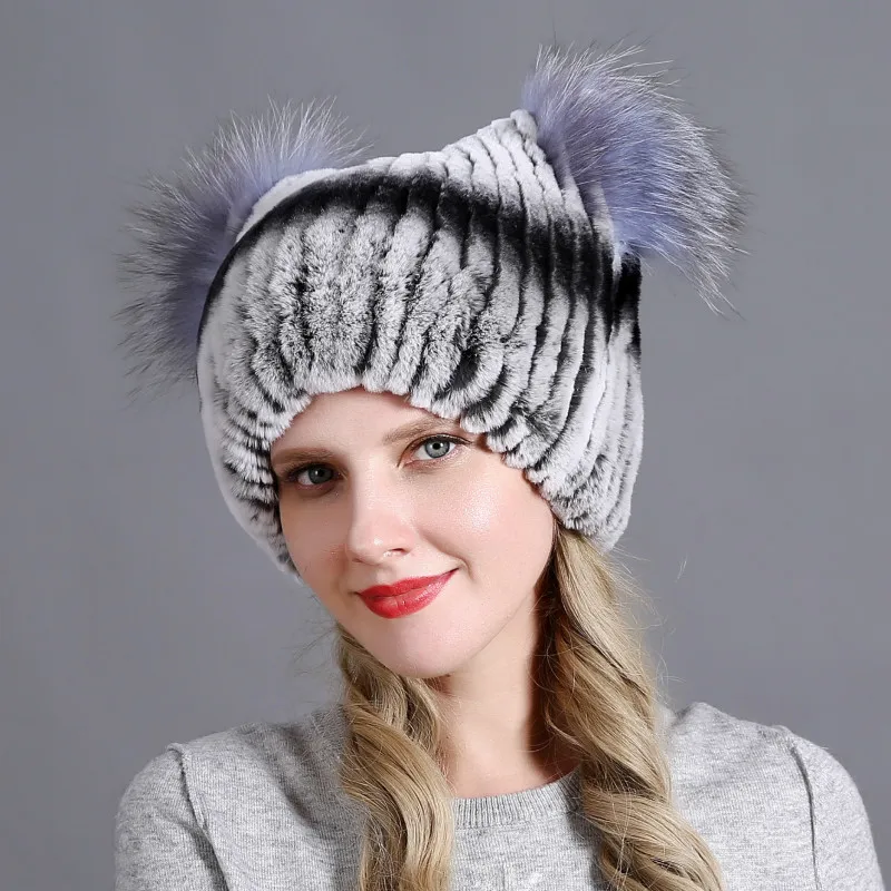 

Rex Rabbit Fur Beanie Women Hat Ladies Winter Thickened Soft Warm Ear Protection Cap Female Korean Cat Ear Skullies Hats H7028