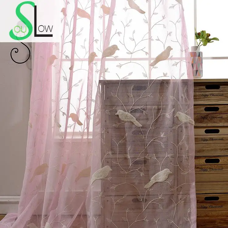 Slow Soul Powder Blue Towels Birds Pastoral Curtain Embroidered Animal Curtains Tulle For Living Room Kitchen 3d Sheer Bedroom