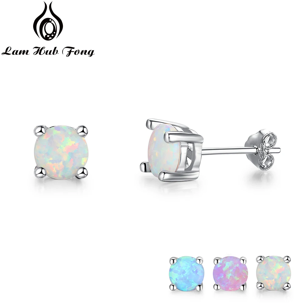 Round 6mm Created White Pink Blue Fire Opal Earrings Women Small 925 Sterling Silver Stud Earrings Wedding Gifts (Lam Hub Fong)