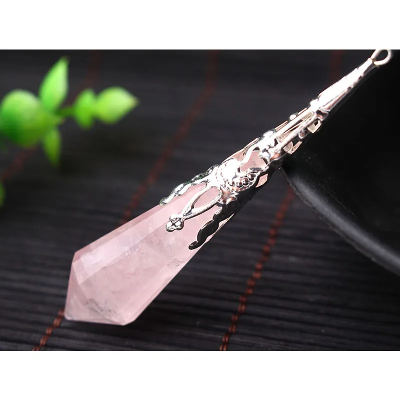 Hot sale reiki rose crystal pendulums for dowsing healing crystals Chakra pendulum charms necklace filigree pendant jewelry