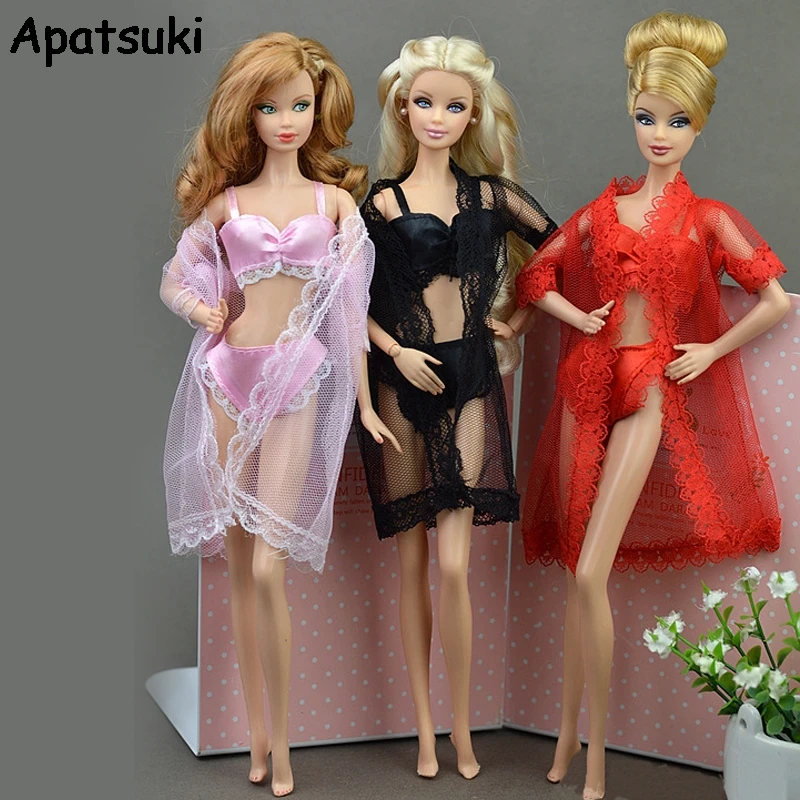 

3sets 1:6 Doll Accessories Sexy Pajamas Lingerie Lace Long Coat + Bra + Underwear Clothes For Barbie Doll Clothes Gown Underwear