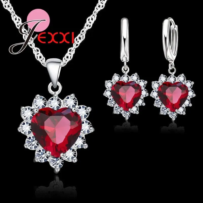 Fashion Heart Shaped Crystal Pendant 925 Sterling Silver Necklace Loop Earring Wedding Jewelry Sets Blue Zircon Accessory