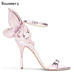 Rousmery 2017 Summer Women Metallic Lilac-Pink or Black Embroidered Butterfly-wing Leather Stiletto Heel Party Sandals