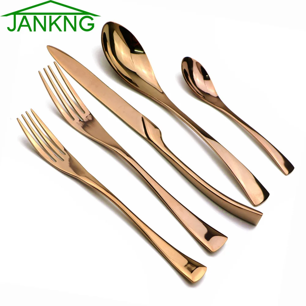 JANKNG 5Pcs/Lot Stainless Steel Dinnerware Set Service for 1 Black / Rose Gold / Silver Cutlery Knife Fork Dessert Fork Teaspoon