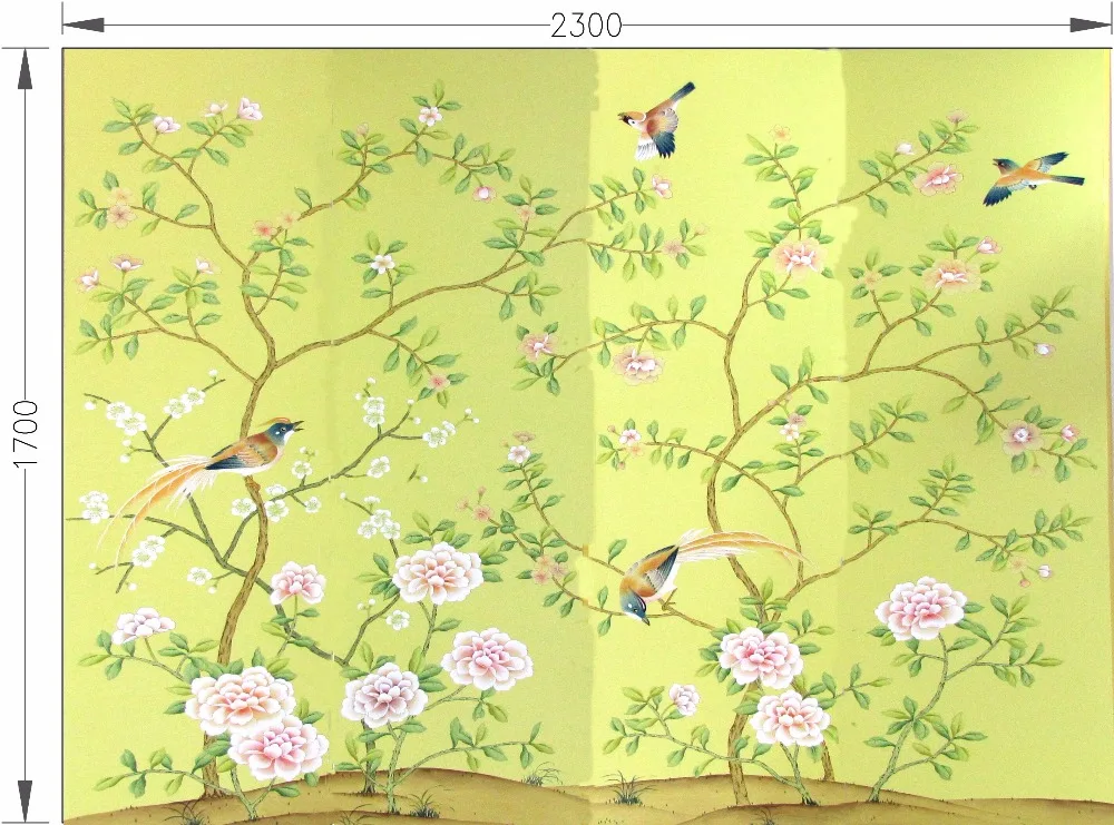 Customized decoration Hand painted silk wallpaper painting birds and flower hand-painted wall paper many arts/backing optional