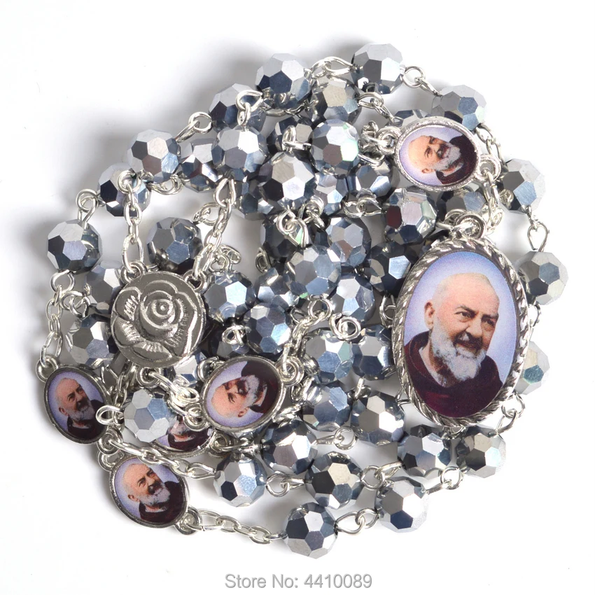 عقد سبحة مع خرز معدني متعدد الأوجه ، عصري ، قطعة مركزية وقلادة ، St Pio #6