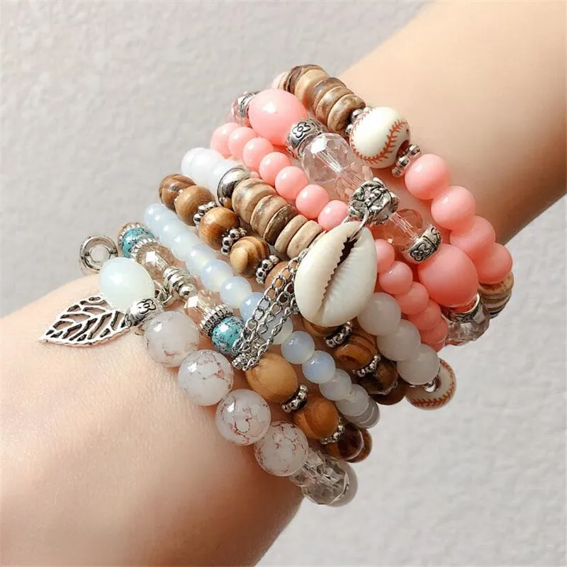DIEZI Ethnic Tassel Crystal Beads Bracelets for Women Girls Gift Elastic Rope Shell Leaves Charm Wrap Bracelet pulseira feminina