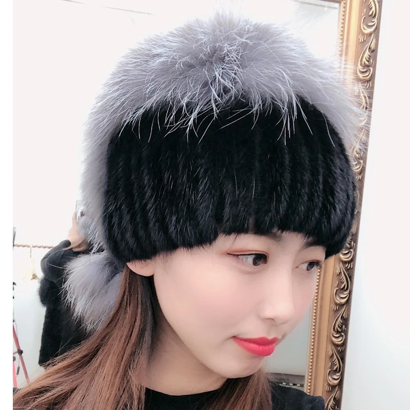 

New Real Mink Hat With Fox Fur Pompoms Hat For Women Thicken Female Fur Caps Ladies Winter Knitted Mink Fur Beanies