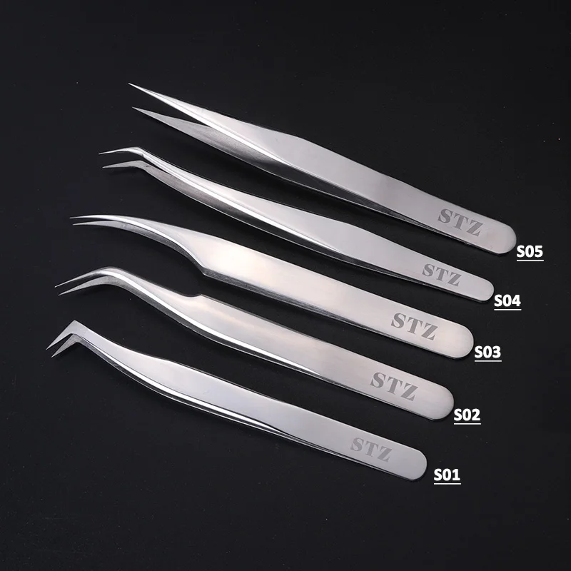 STZ 1pcs Stainless Steel Eyelash Extension Tweezers Straight Curved Curler For Eyelash-false Clip Makeup Nail Art Tools S01-05