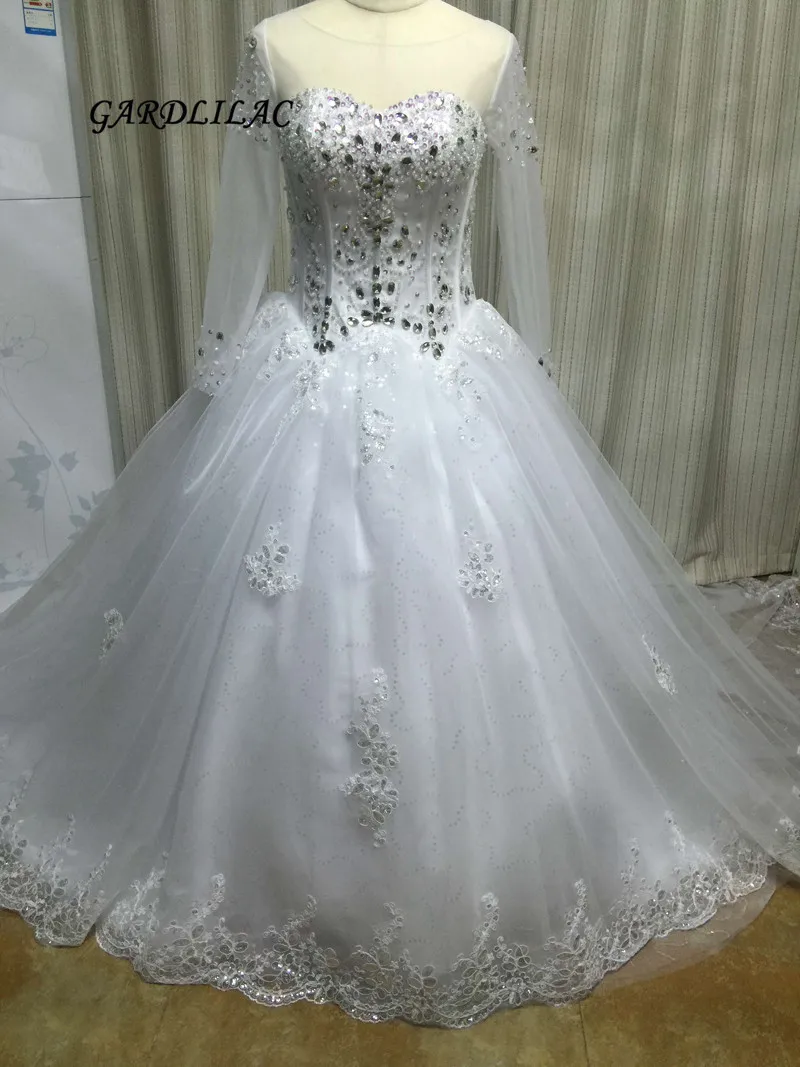 New White Plus Size Wedding Dresses 2019 Long Sleeve Ball Gown Tulle Lace Appliques Bridal Gown with Crystal Vestido de noiva