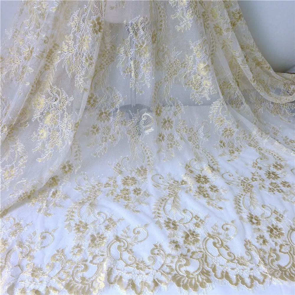 

French Eyelash Lace Fabric In Gold 3 Meters Embroidery Flower High Quality Tulle Material Handmade DIY Cloth Accessory