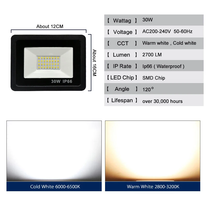 LED Floodlight  30W  Ultra Thin Led Flood Light Spotlight Outdoor 220V 230V IP66 OutdoorWall Lamp Flood Light