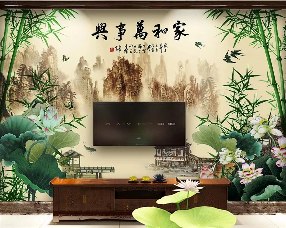 

Beibehang Custom wallpaper bamboo lotus Chinese landscape TV background wall home decoration living room bedroom 3d wallpaper