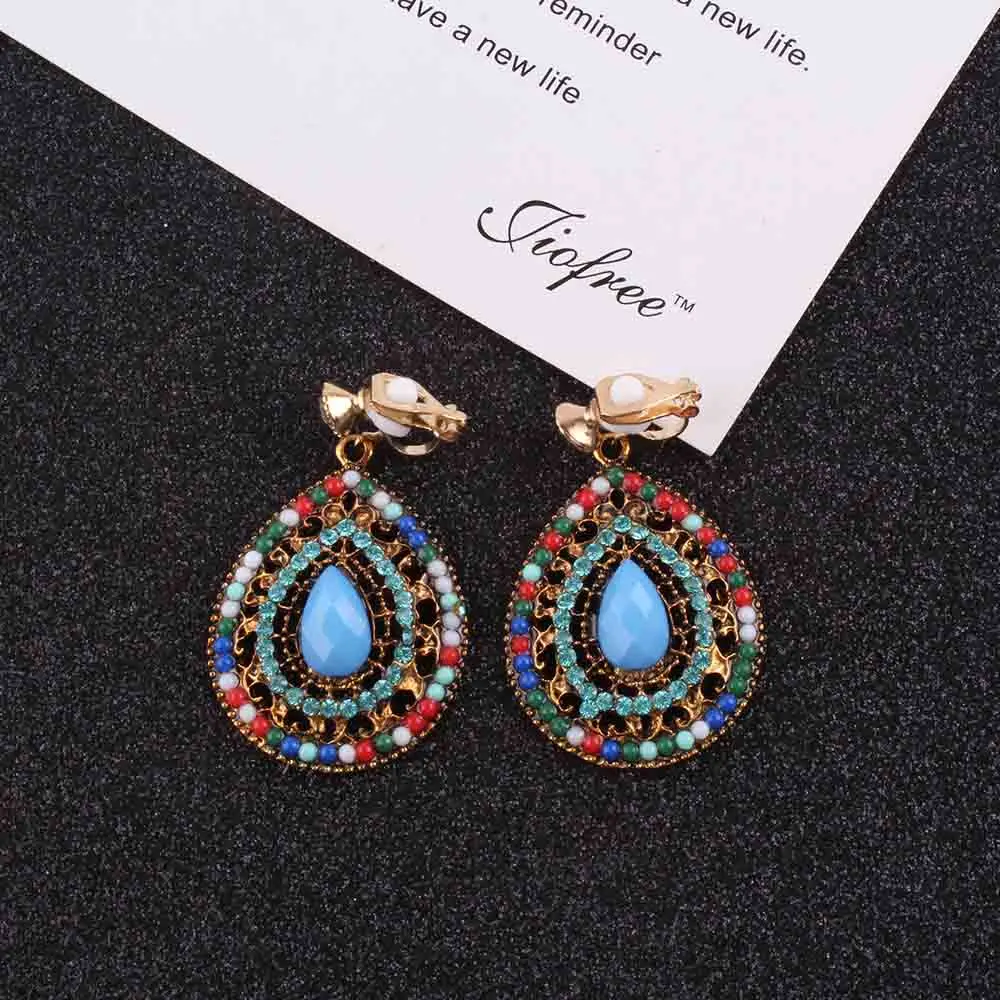 New Party 6 color Bijoux Bohemia Statement Crystal  Clip on Earrings Without Piercing Boho Turkish Vintage Ethnic Jewelry