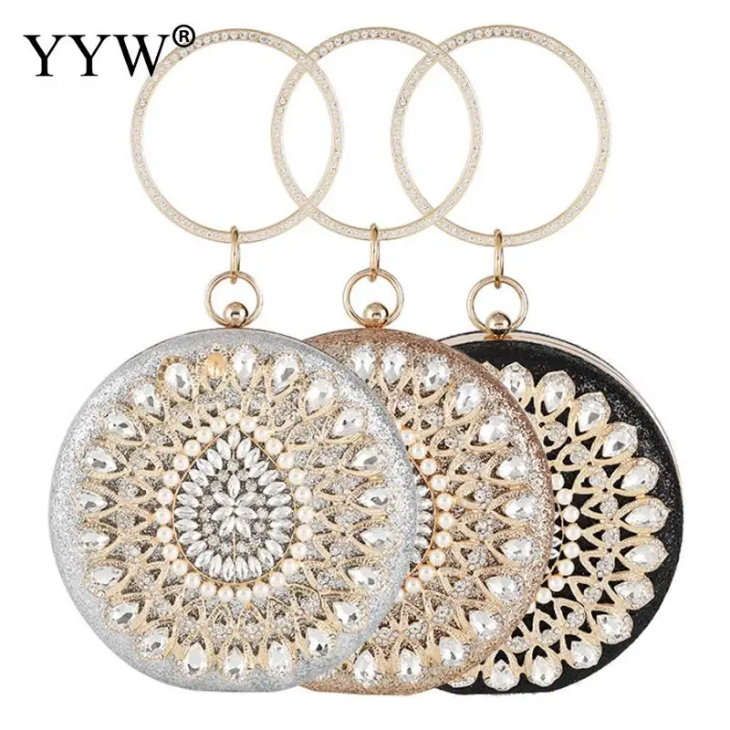 YYW Ladies Sparkly Rhinestone Round Evening Clutch Bag Elegant Handbags Wedding Bridal Party Purse Crystal Clutch Purse Gold