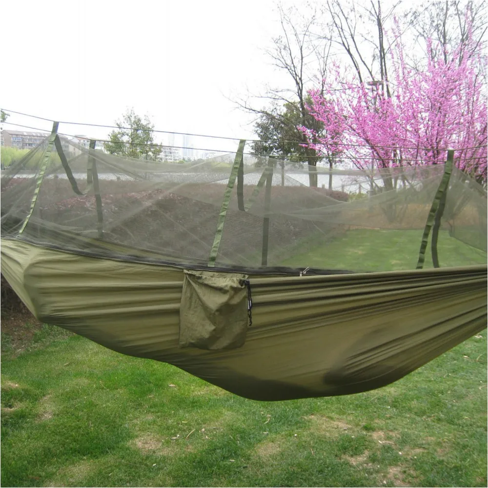 

Portable Indoor Outdoor Hammock for Backpacking Camping Hanging Bed With Mosquito Net Sleeping Hammock Army Green Free Shipping