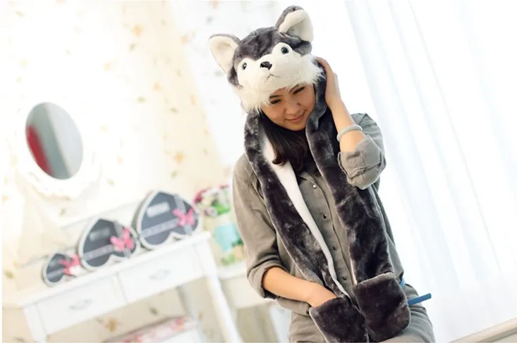 2023 Hot sale cute Plush Cartoon wolf husky Bunny Bear Dog Hats Fluffy Warm animal 3 in 1 Multi-function hat Scarf Gloves Cap