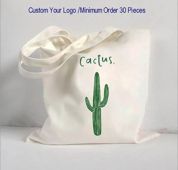 30 pcs/lot Beige cactus one color customized logo tote bag cotton Canvas  Shopping Bags 100% cotton washable shoulder bag