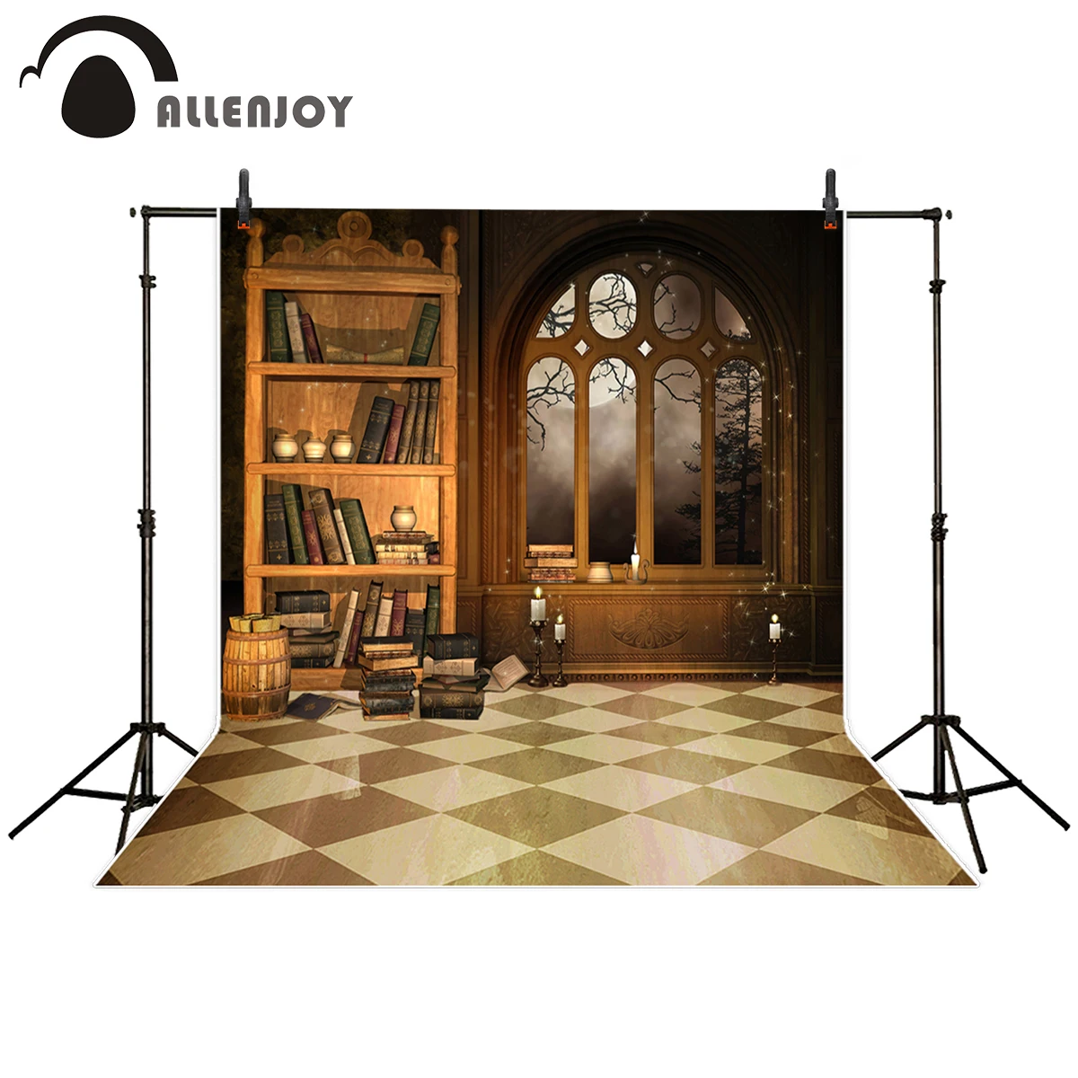 

Allenjoy photography backdrop Vintage Bookshelf European window Barrels Candle Grid Ground background for photo studio