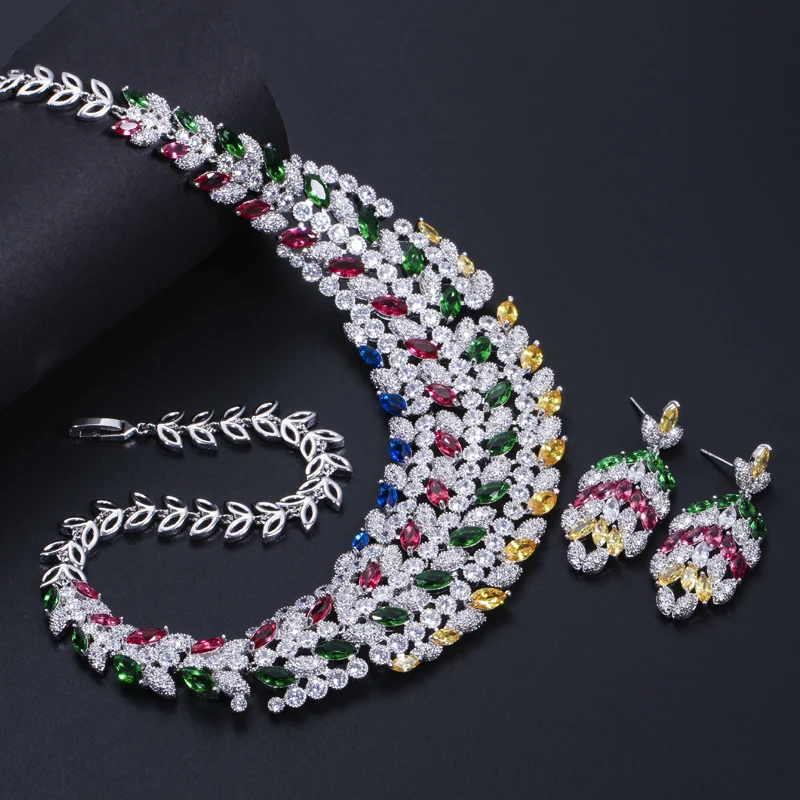 CWWZircons Shiny Multi Color Cubic Zirconia Large Heavy Bridal Necklace Jewelry Set for Brides Wedding Dress Accessories T178