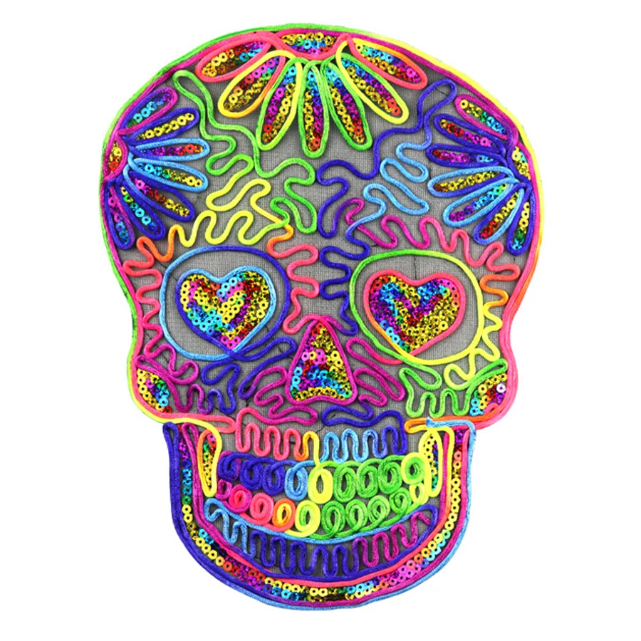 1Pcs Skull Embroidered Patches for Clothing Color Badge Applique Sequins Patch DIY Accessories Label Patchwork with Rope