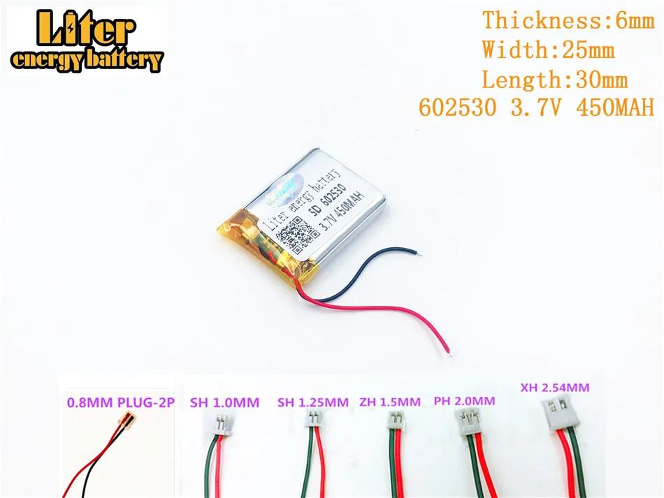 Liter energy battery 3.7V 450mAh 602530 plug Lithium Polymer Rechargeable Battery For MP3 MP4 MP5 Lithium polymer battery