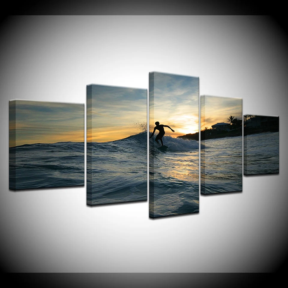 

5 Piece Wallpapers a boy surfing on sea Art Canvas Print modern Poster Modular art painting for Living Room Home Decor