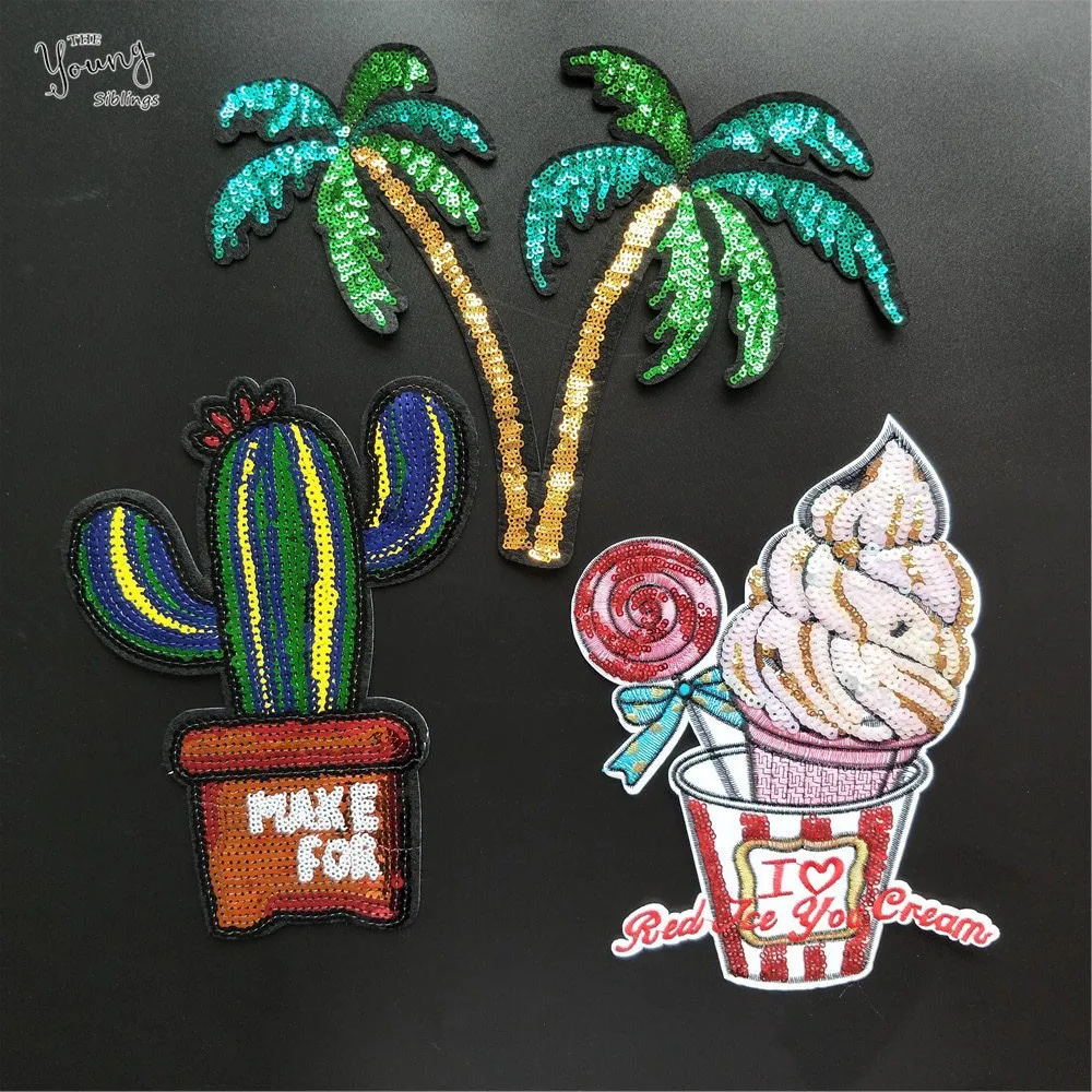 Large size Sequin Cactus Tree ice cream iron on patches Sewing Clothes Embroidered Applique Cartoon stickers Stripes for Clothes