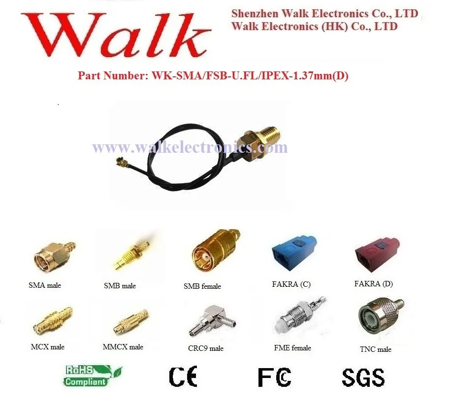 SMA female to U.FL IPEX cable, SMA female straight bulkhead to U.FL IPEX female right angle with 1.37mm(D) cable