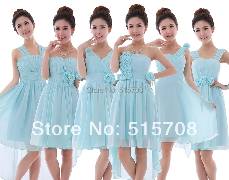 

New 2015 Sleeveless Short Mini Flowers Chiffon Formal Long Prom Bridesmaid Dresses 6 Styles A B C D E F 4 Colors to Choose