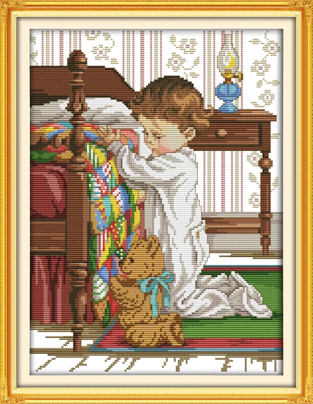 Pray beside the bed cross stitch kit boy people 14ct count fabric canvas x stitches embroidery DIY handmade needlework plus