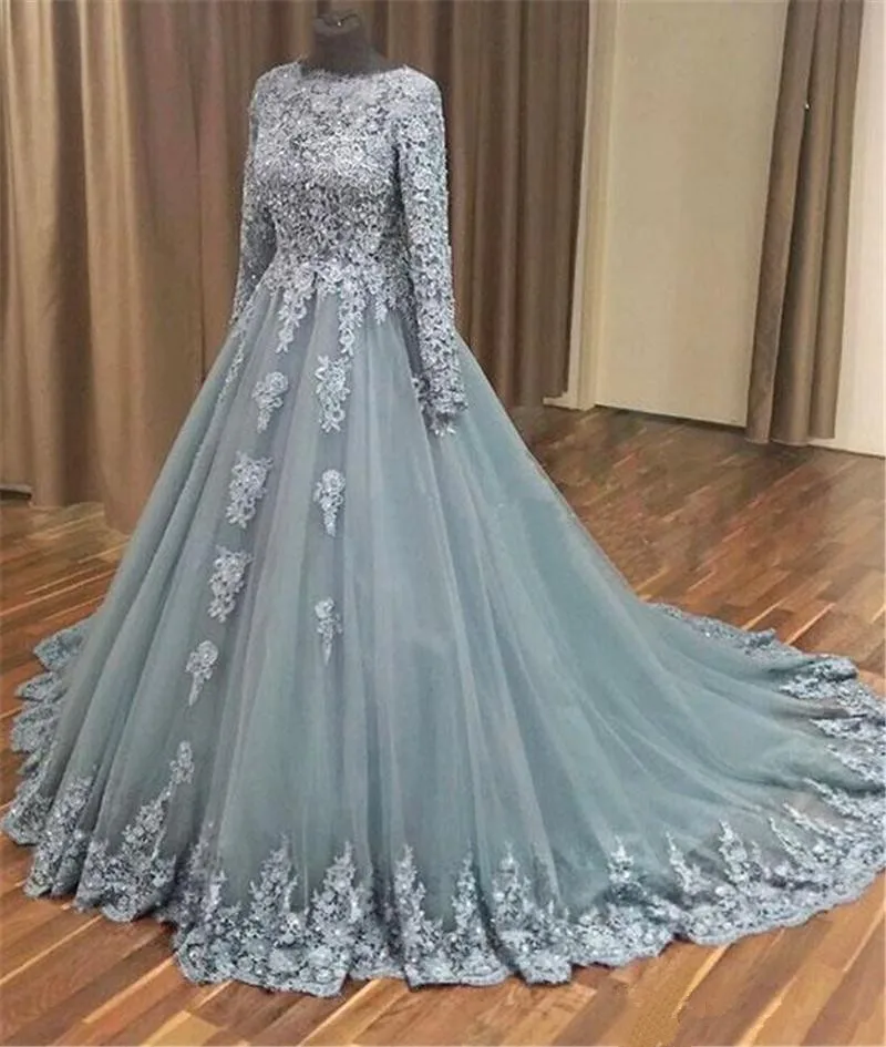 Vestido De Novia musulmán De encaje gris con cuello alto, apliques De manga larga, tren largo, Sexy