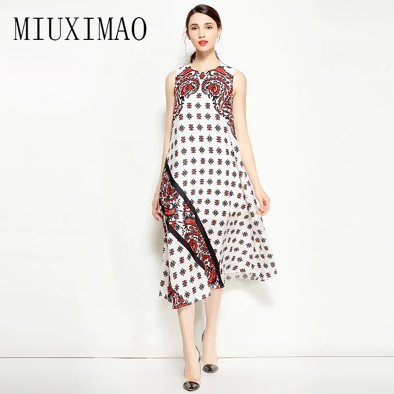 

High Quality 2023 Spring Newest Arrival Fashion O-Neck Sleeveless Pattern Printed Tank A-Line Casual Mid-Calf Loose Dress Women