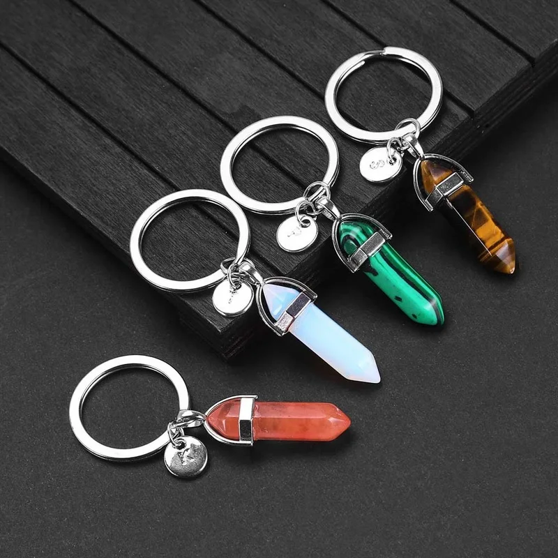 Natural Stone Pendant Keychain Natural Quartz Stone 26 letter Pink Crystal good luck Key Chains Accessories Jewelry Gift