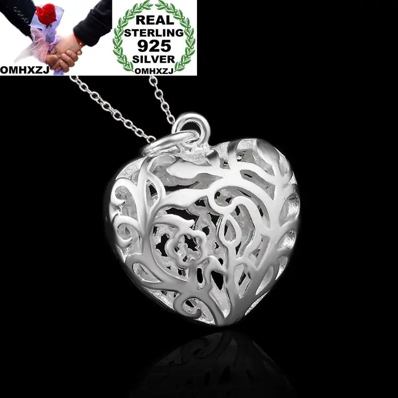 OMHXZJ Wholesale Personality Fashion Woman Girl Party Gift Silver Hollow Heart 925 Sterling Silver Charm Pendant Necklace CH62