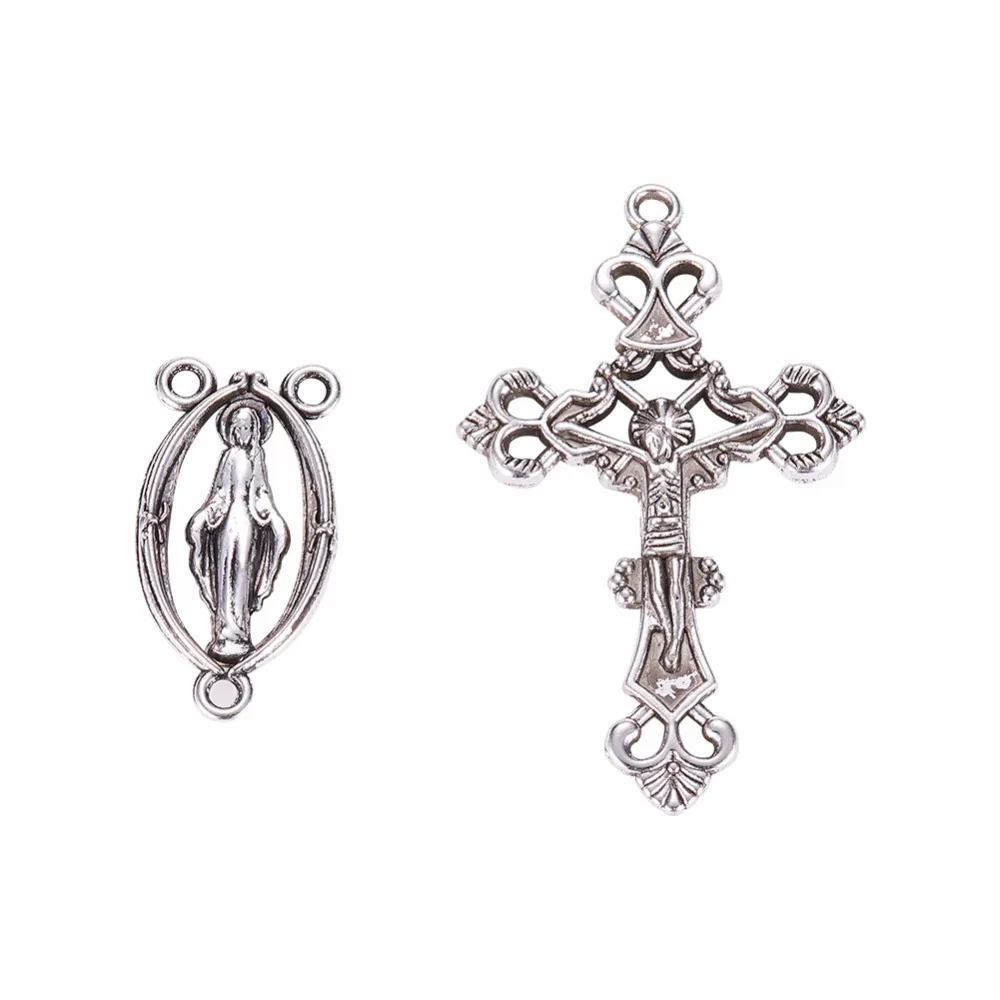 10pc Alloy Crucifix Cross Pendants Links Antique Silver Color,Maria & Jesus,Center Sets for Rosary Bead Necklace Making