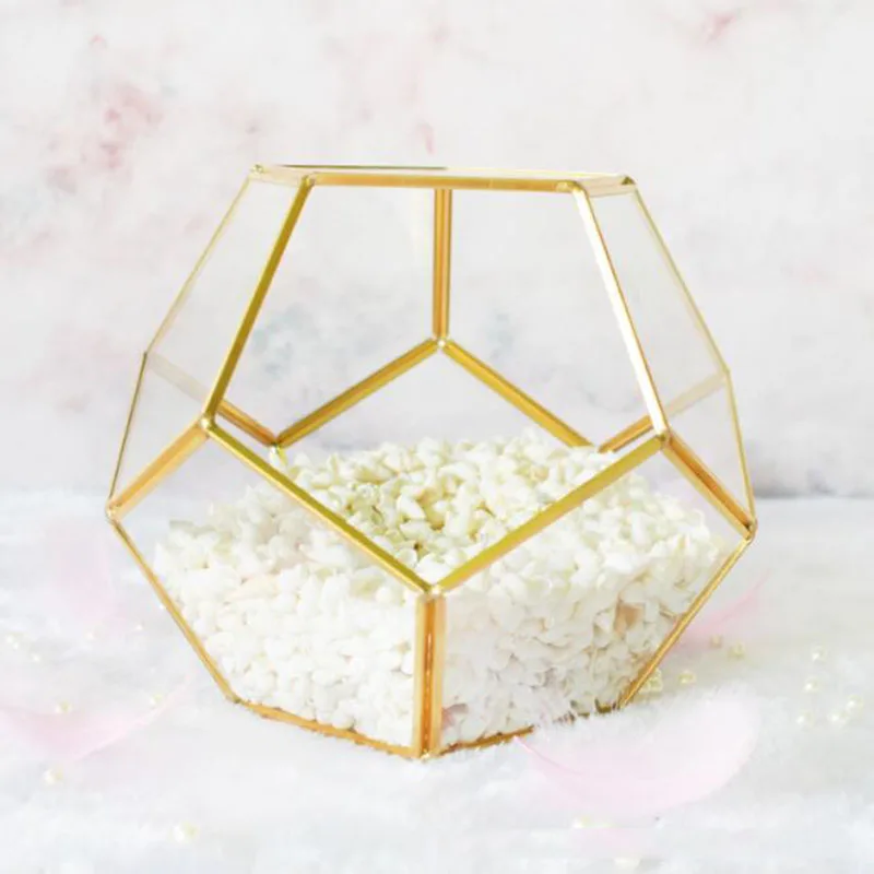 Gold Glass Pentagon Geometric Terrarium Container Window Sill Decor Flower Pot Balcony Planter Diy Display Box (No Plant)