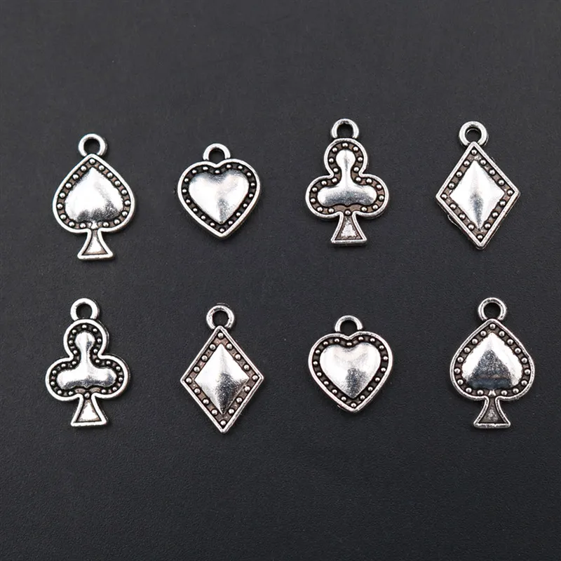 WKOUD 20pcs Silver Color Playing Cards Color Logo Charm Hip Hop Necklace Bracelet DIY Metal Alloy Pendant A1920